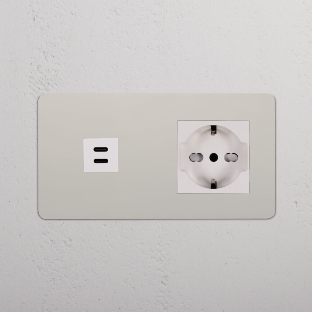 Kew Gniazdo USB-C 30 W i Schuko/Bipasso w podwójnej ramce – Polerowany nikiel, Biały