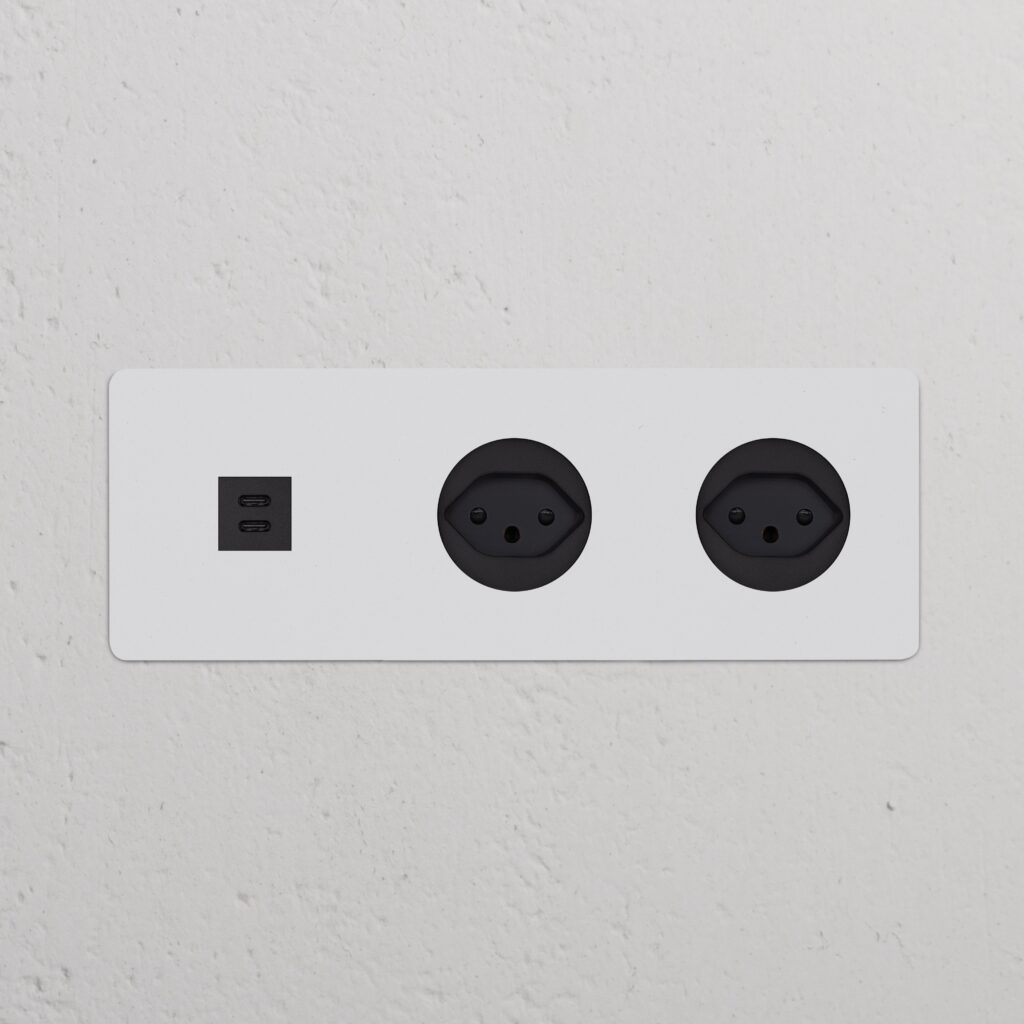 Kew Gniazdo USB-C 30W i szwajcarskie typu J x 2 w potrójnej ramce – Do malowania, Czarny