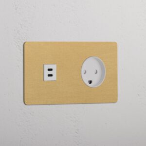 Kew Gniazdo USB-C 30 W i duńskie typu K w podwójnej ramce – Antyczny mosiądz, Biały