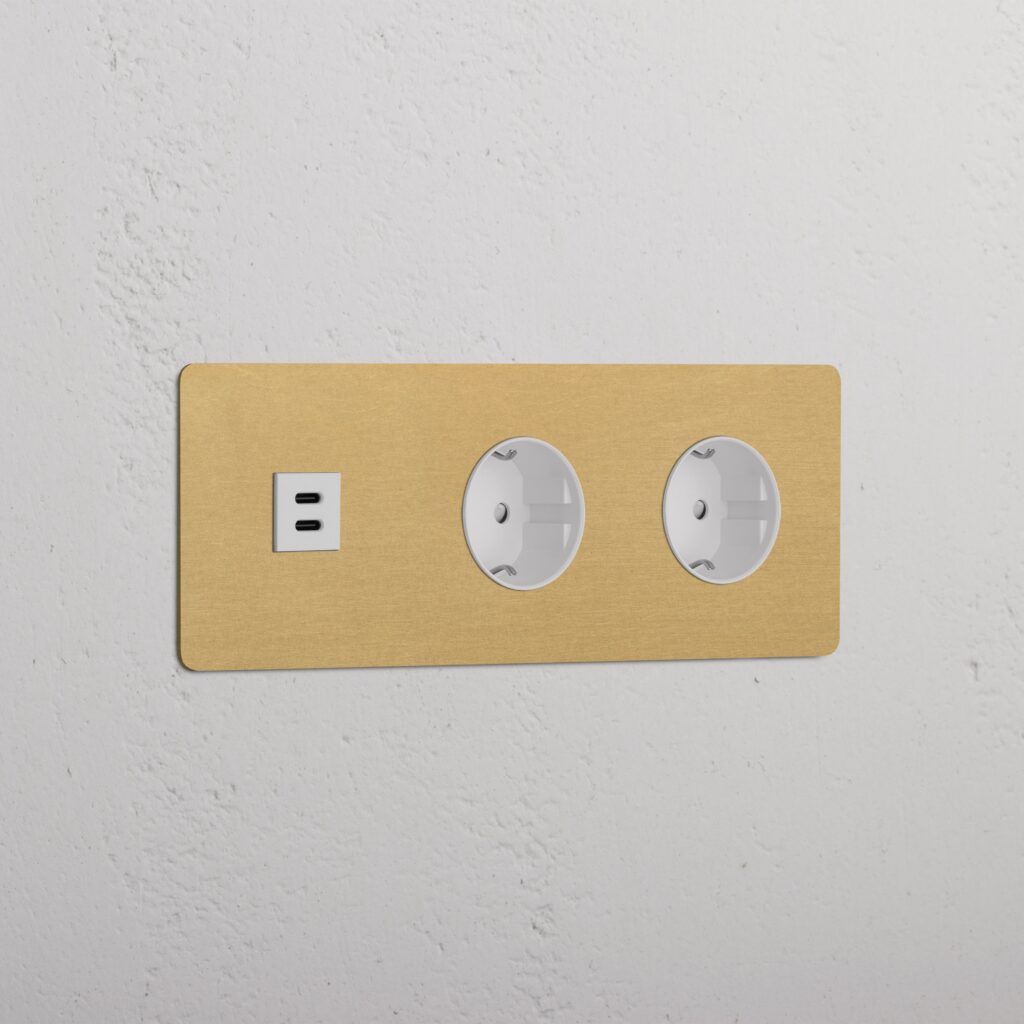Kew Gniazdo USB-C 30 W i Schuko typu F x 2 w potrójnej ramce – Antyczny mosiądz, Biały