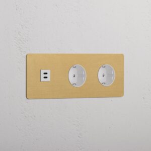 Kew Gniazdo USB-C 30 W i Schuko typu F x 2 w potrójnej ramce – Antyczny mosiądz, Biały