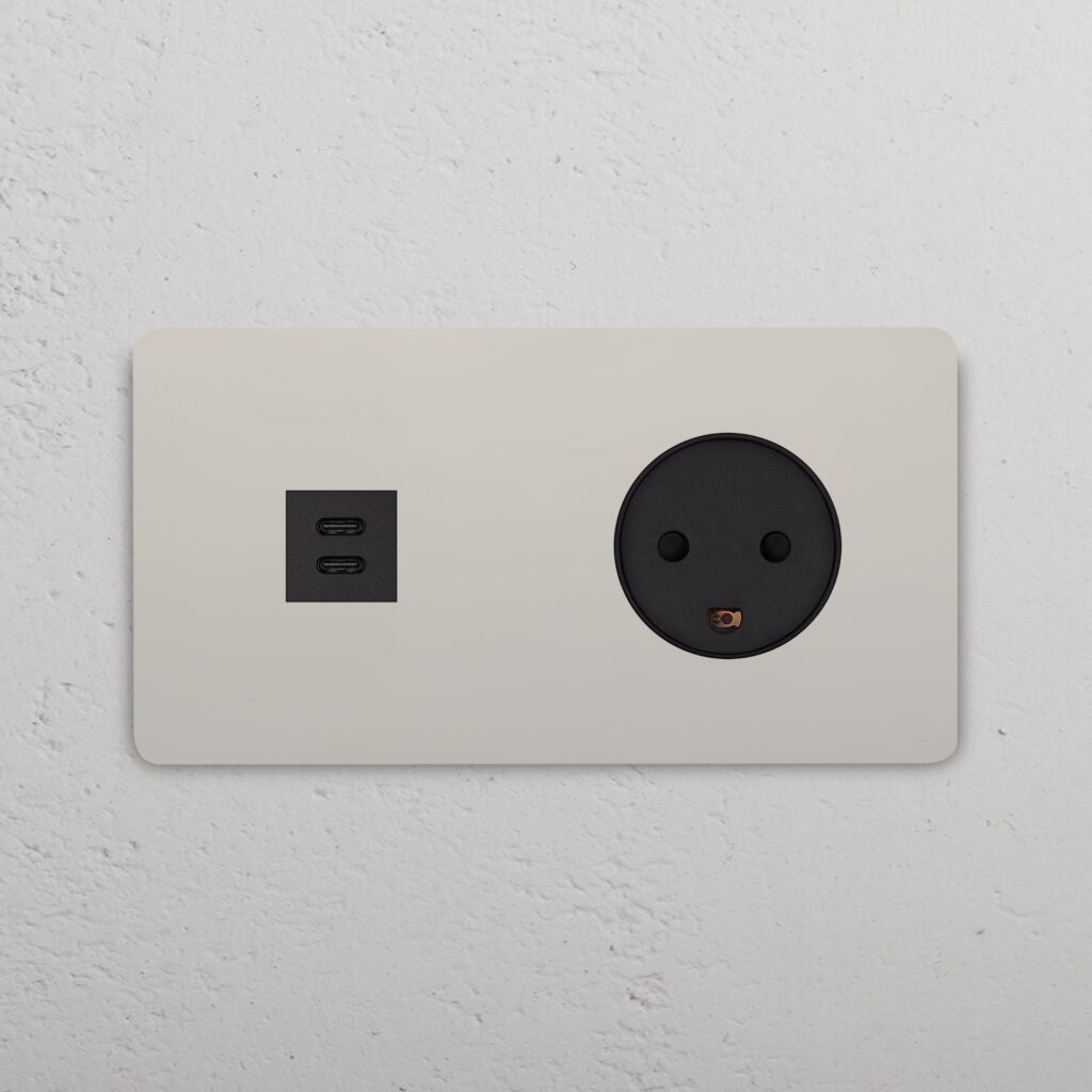 Grove Gniazdo USB-C 30 W i duńskie typu K w podwójnej ramce – Polerowany nikiel, Czarny