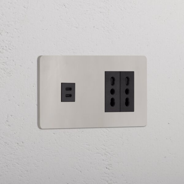 Grove Gniazdo USB-C 30 W i Bipasso x 2 w podwójnej ramce – Polerowany nikiel, Czarny