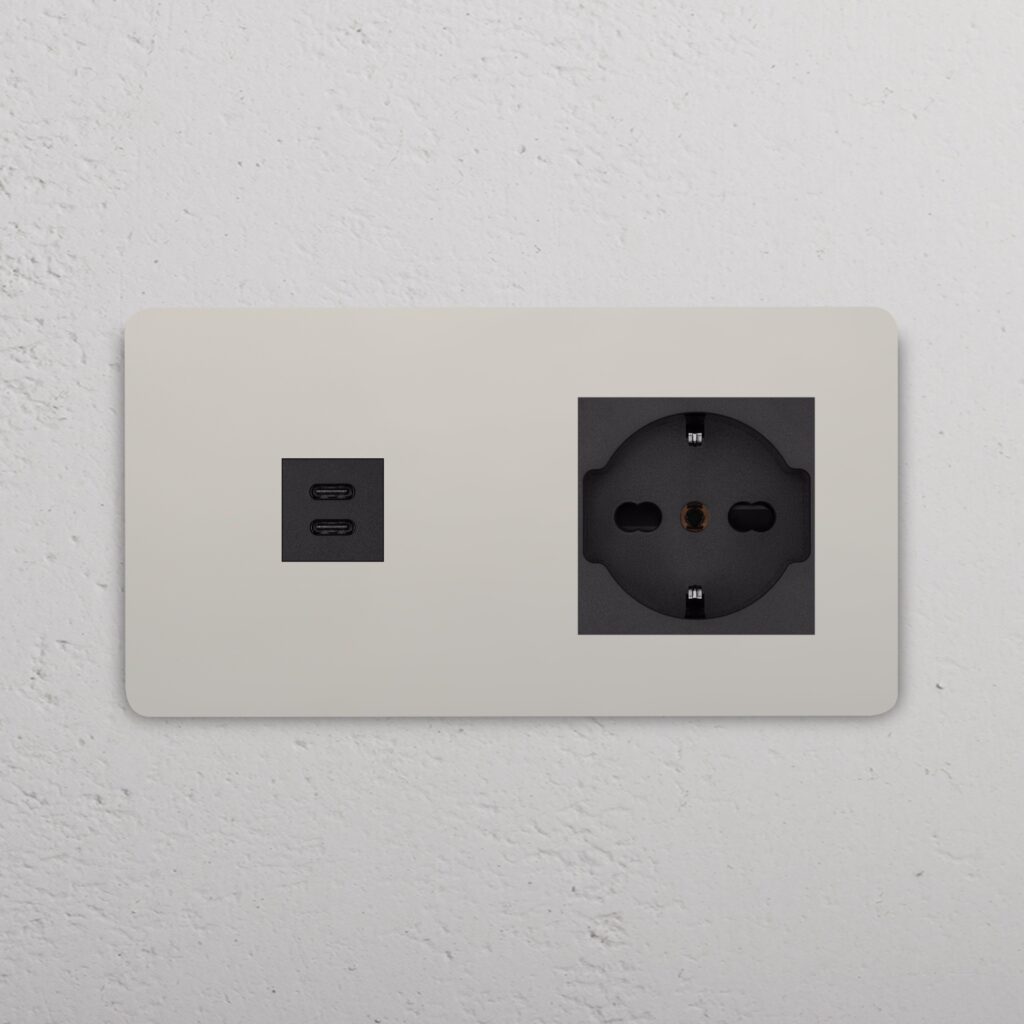 Grove Gniazdo USB-C 30 W i Schuko/Bipasso w podwójnej ramce – Polerowany nikiel, Czarny