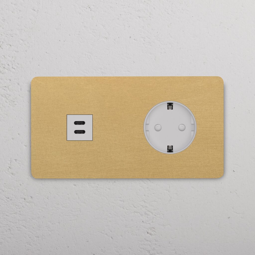 Grove Gniazdo USB-C 30 W i Schuko typu F x 2 w podwójnej ramce – Antyczny mosiądz, Biały