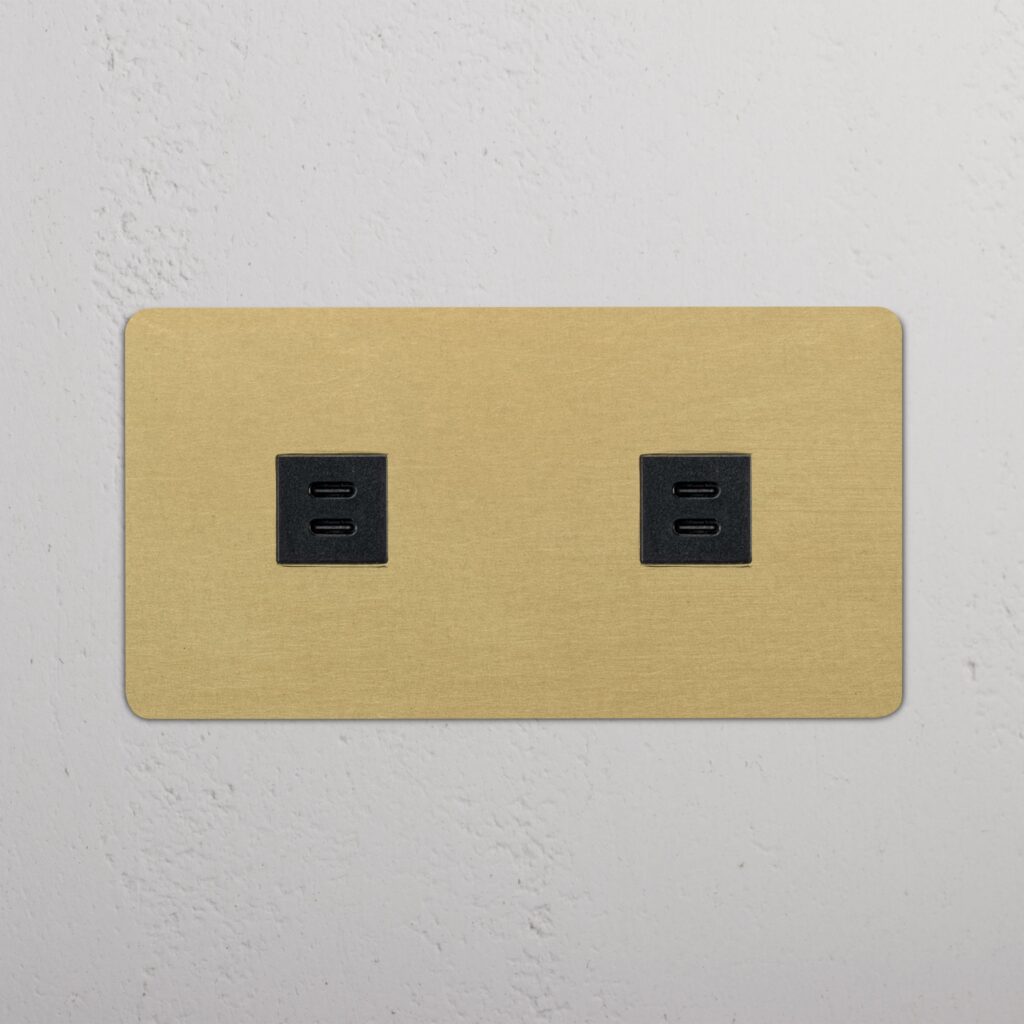 Kew Gniazdo USB-C 30 W x 2 w podwójnej ramce – Antyczny mosiądz, Czarny