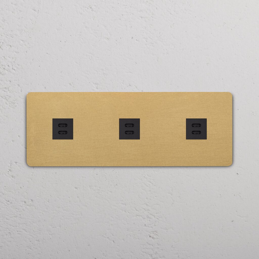 Grove Gniazdo USB-C 30 W x 3 w potrójnej ramce – Antyczny mosiądz, Czarny