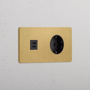 Grove Gniazdo USB-C 30 W i Schuko typu F x 2 w podwójnej ramce – Antyczny mosiądz, Czarny