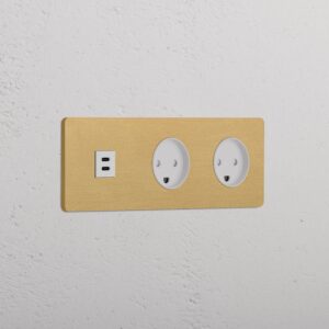 Grove Gniazdo USB-C 30 W i duńskie typu K x 2 w potrójnej ramce – Antyczny mosiądz, Biały
