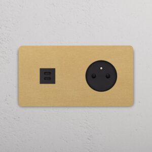 Grove Gniazdo USB-C 30 W i francusko/belgijskie typu E w podwójnej ramce – Antyczny mosiądz, Czarny