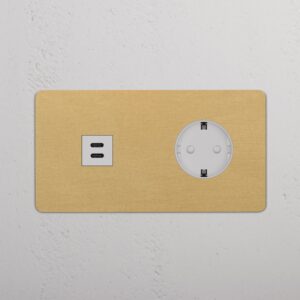 Kew Gniazdo USB-C 30 W i Schuko typu F x 2 w podwójnej ramce – Antyczny mosiądz, Biały