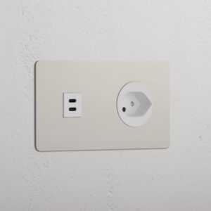 Kew Gniazdo USB-C 30W i szwajcarskie typu J w podwójnej ramce – Polerowany nikiel, Biały