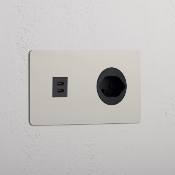 Kew Gniazdo USB-C 30W i szwajcarskie typu J w podwójnej ramce – Polerowany nikiel, Czarny