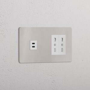 Grove Gniazdo USB-C 30 W i Bipasso x 2 w podwójnej ramce – Polerowany nikiel, Biały
