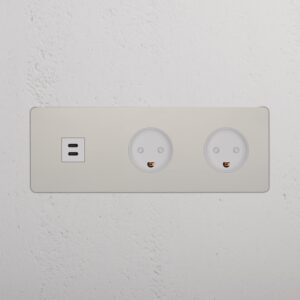 Kew Gniazdo USB-C 30 W i duńskie typu K x 2 w potrójnej ramce – Polerowany nikiel, Biały