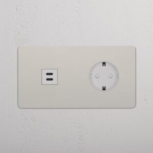 Kew Gniazdo USB-C 30 W i Schuko typu F x 2 w podwójnej ramce – Polerowany nikiel, Biały