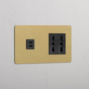 Kew Gniazdo USB-C 30 W i Bipasso x 2 w podwójnej ramce – Antyczny mosiądz, Czarny