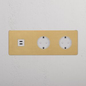 Kew Gniazdo USB-C 30 W i Schuko typu F x 2 w potrójnej ramce – Antyczny mosiądz, Biały