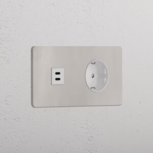 Grove Gniazdo USB-C 30 W i Schuko typu F x 2 w podwójnej ramce – Polerowany nikiel, Biały