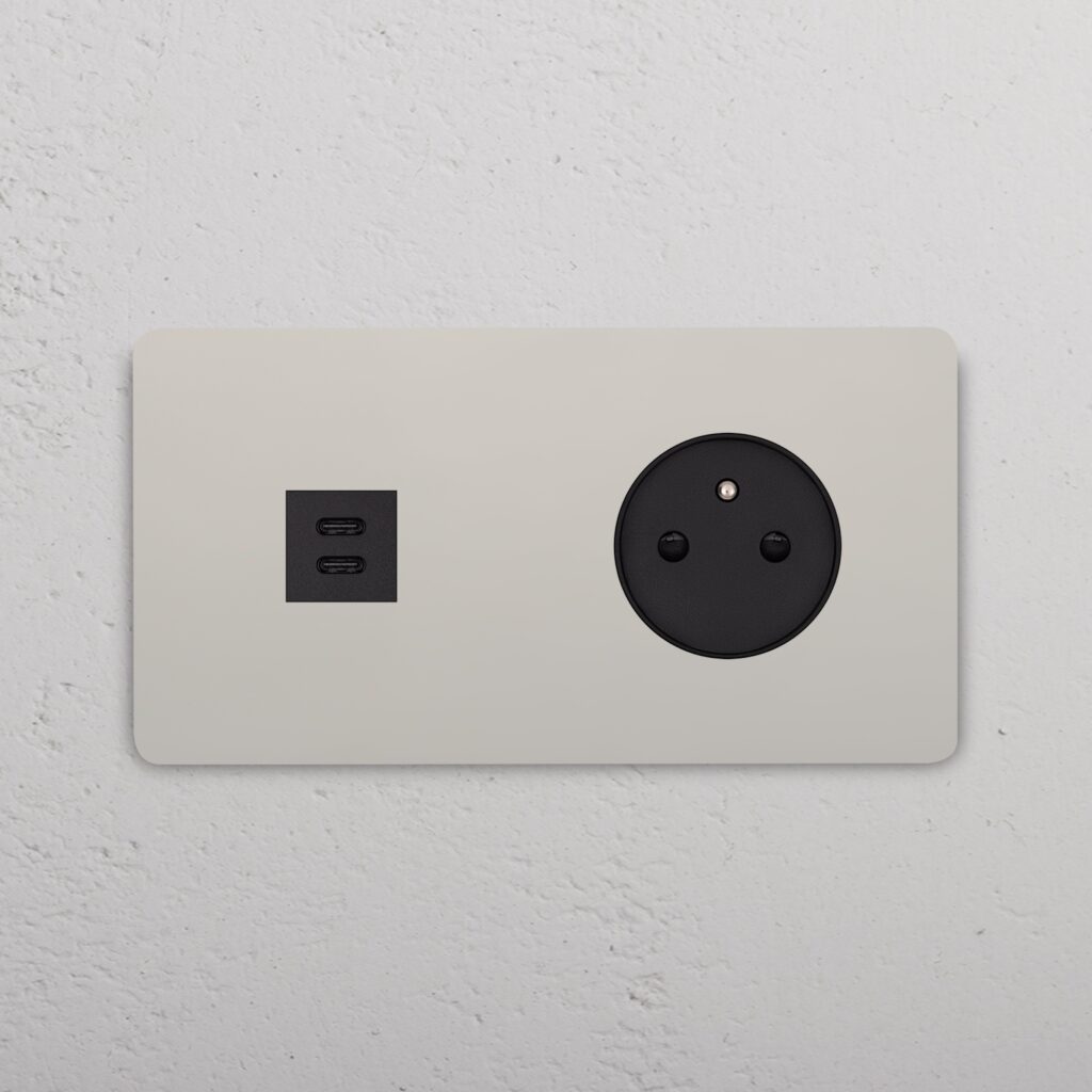 Grove Gniazdo USB-C 30 W i francusko/belgijskie typu E w podwójnej ramce – Polerowany nikiel, Czarny