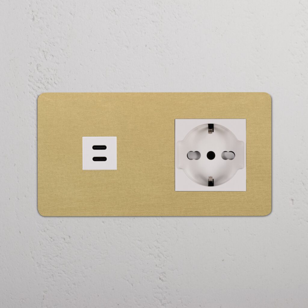 Kew Gniazdo USB-C 30 W i Schuko/Bipasso w podwójnej ramce – Antyczny mosiądz, Biały