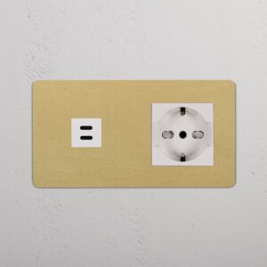 Kew Gniazdo USB-C 30 W i Schuko/Bipasso w podwójnej ramce – Antyczny mosiądz, Biały