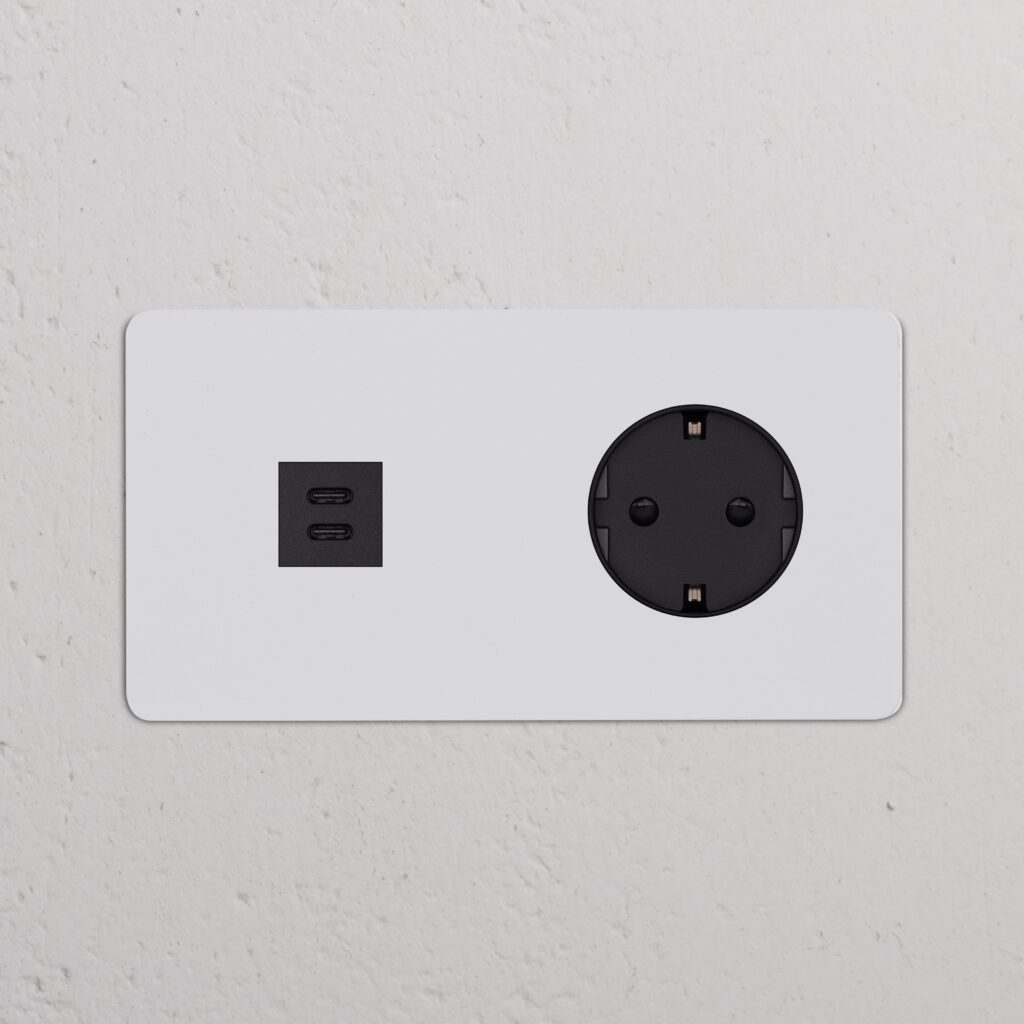 Kew Gniazdo USB-C 30 W i Schuko typu F x 2 w podwójnej ramce – Do malowania, Czarny