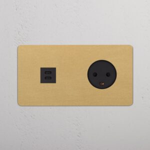 Kew Gniazdo USB-C 30 W i duńskie typu K w podwójnej ramce – Antyczny mosiądz, Czarny