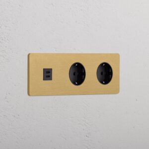 Grove Gniazdo USB-C 30 W i Schuko typu F x 2 w potrójnej ramce – Antyczny mosiądz, Czarny