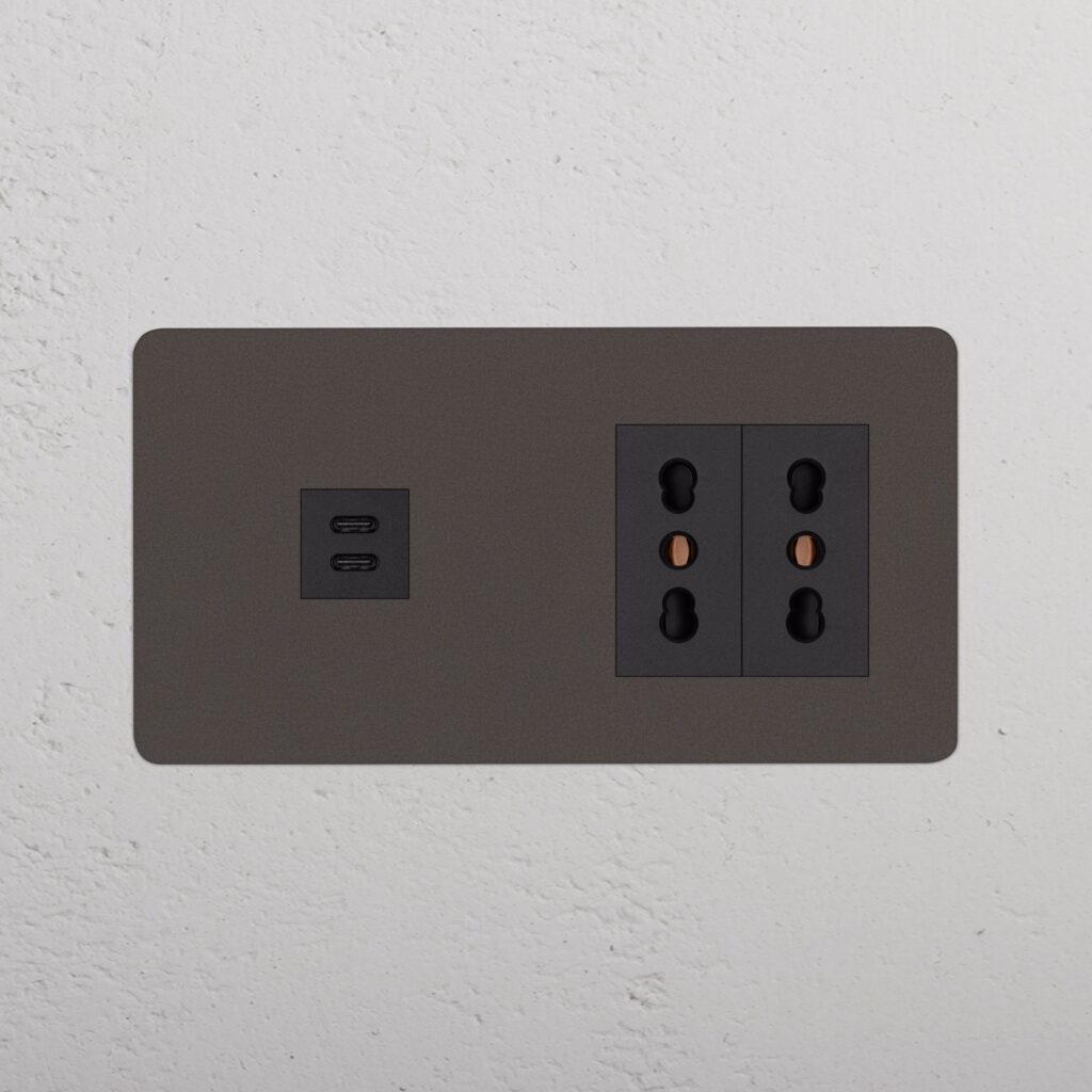Kew Gniazdo USB-C 30 W i Bipasso x 2 w podwójnej ramce – Brąz, Czarny