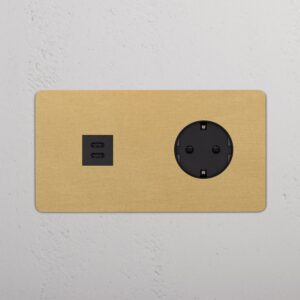 Kew Gniazdo USB-C 30 W i Schuko typu F x 2 w podwójnej ramce – Antyczny mosiądz, Czarny