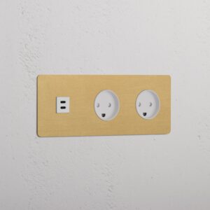 Kew Gniazdo USB-C 30 W i duńskie typu K x 2 w potrójnej ramce – Antyczny mosiądz, Biały
