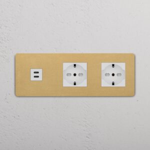 Grove Gniazdo USB-C 30 W i Schuko/Bipasso x 2 w potrójnej ramce – Antyczny mosiądz, Biały