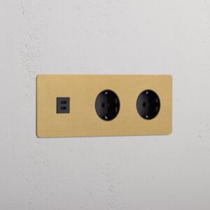 Kew Gniazdo USB-C 30 W i Schuko typu F x 2 w potrójnej ramce – Antyczny mosiądz, Czarny