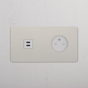 Kew Gniazdo USB-C 30 W i francusko/belgijskie typu E w podwójnej ramce – Polerowany nikiel, Biały