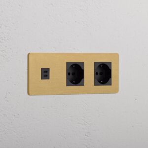 Grove Gniazdo USB-C 30 W i Schuko/Bipasso x 2 w potrójnej ramce – Antyczny mosiądz, Czarny