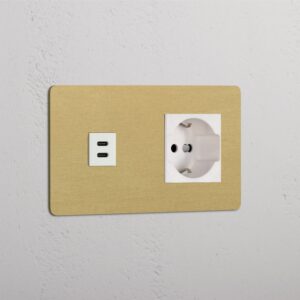 Kew Gniazdo USB-C 30 W i Schuko/Bipasso w podwójnej ramce – Antyczny mosiądz, Biały