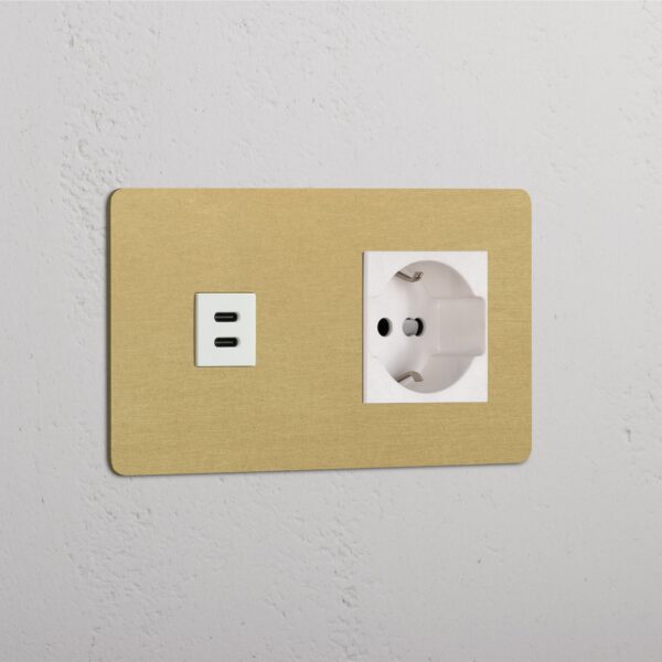 Kew Gniazdo USB-C 30 W i Schuko/Bipasso w podwójnej ramce – Antyczny mosiądz, Biały