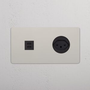 Kew Gniazdo USB-C 30W i szwajcarskie typu J w podwójnej ramce – Polerowany nikiel, Czarny