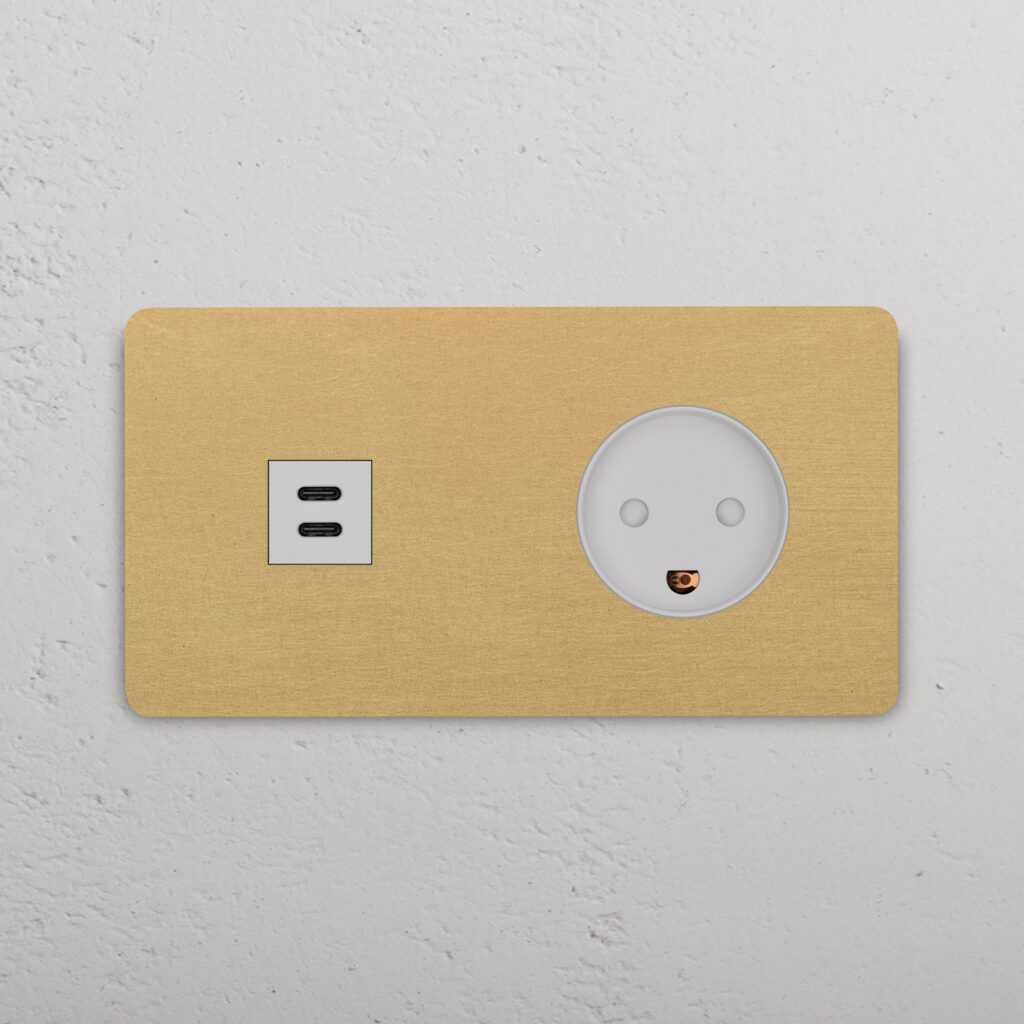 Grove Gniazdo USB-C 30 W i duńskie typu K w podwójnej ramce – Antyczny mosiądz, Biały
