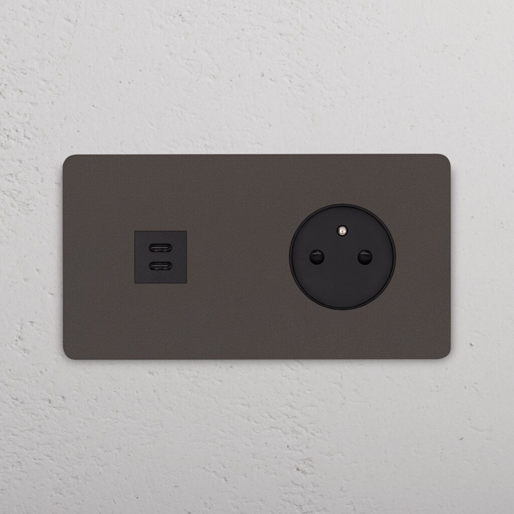 Grove Gniazdo USB-C 30 W i francusko/belgijskie typu E w podwójnej ramce – Brąz, Czarny