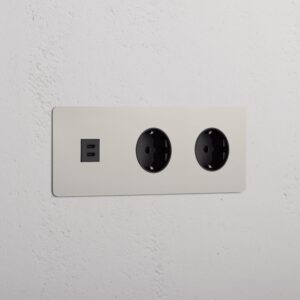 Kew Gniazdo USB-C 30 W i Schuko typu F x 2 w potrójnej ramce – Polerowany nikiel, Czarny