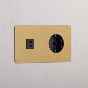Kew Gniazdo USB-C 30 W i Schuko typu F x 2 w podwójnej ramce – Antyczny mosiądz, Czarny