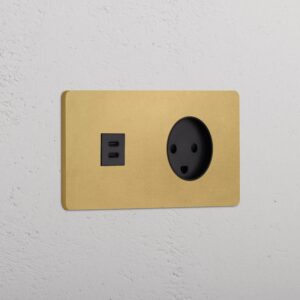 Grove Gniazdo USB-C 30 W i duńskie typu K w podwójnej ramce – Antyczny mosiądz, Czarny