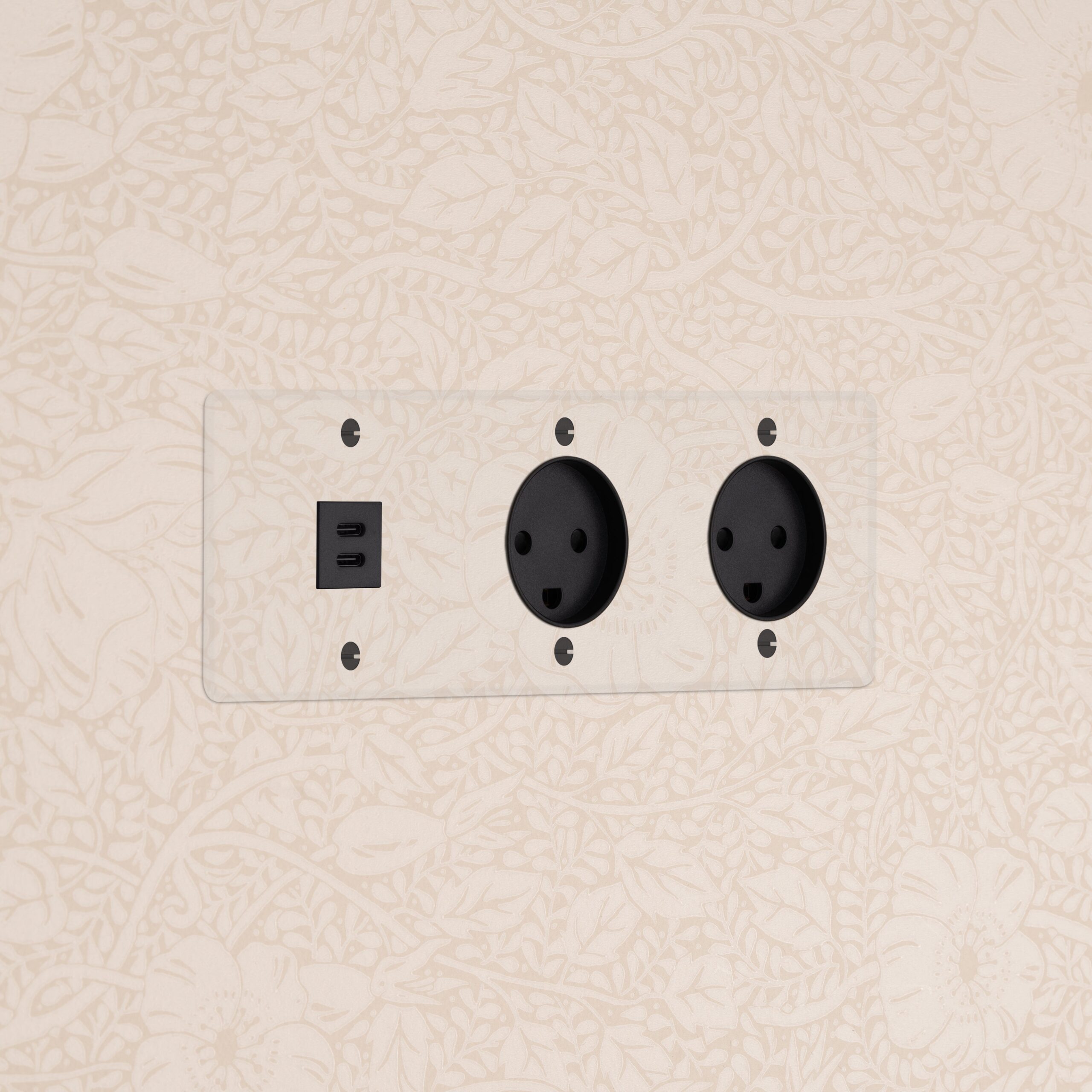 Kew Gniazdo USB-C 30 W i duńskie typu K x 2 w potrójnej ramce – Przezroczysty, Czarny