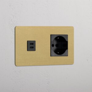 Kew Gniazdo USB-C 30 W i Schuko/Bipasso w podwójnej ramce – Antyczny mosiądz, Czarny