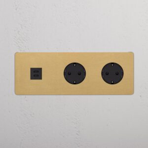 Kew Gniazdo USB-C 30 W i Schuko typu F x 2 w potrójnej ramce – Antyczny mosiądz, Czarny