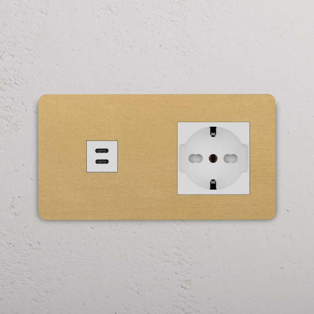 Grove Gniazdo USB-C 30 W i Schuko/Bipasso w podwójnej ramce – Antyczny mosiądz, Biały