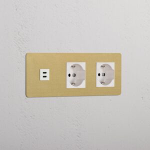 Kew Gniazdo USB-C 30 W i Schuko/Bipasso x 2 w potrójnej ramce – Antyczny mosiądz, Biały
