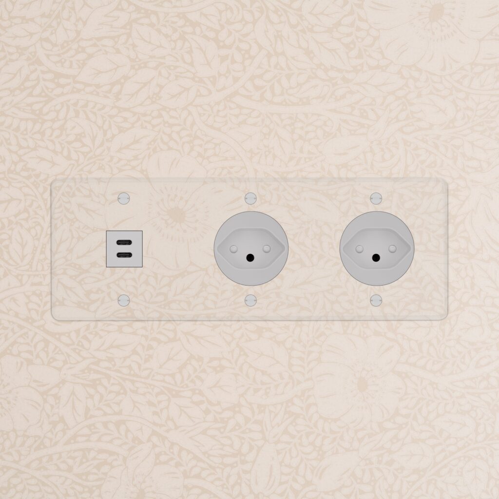 Kew Gniazdo USB-C 30W i szwajcarskie typu J x 2 w potrójnej ramce – Przezroczysty, Biały